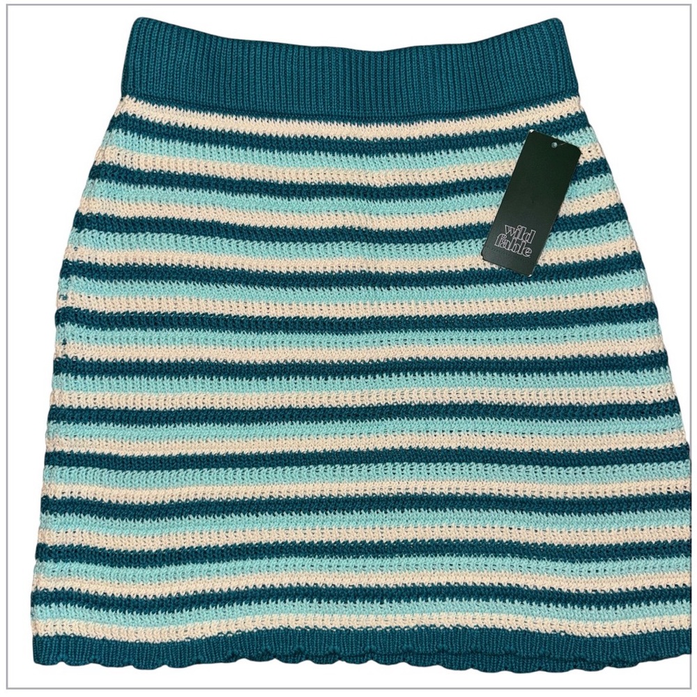 Wild Fable Striped Knit Mini Skirt Teal Cream Crochet Style Boho Size Small NWT - Picture 2 of 5